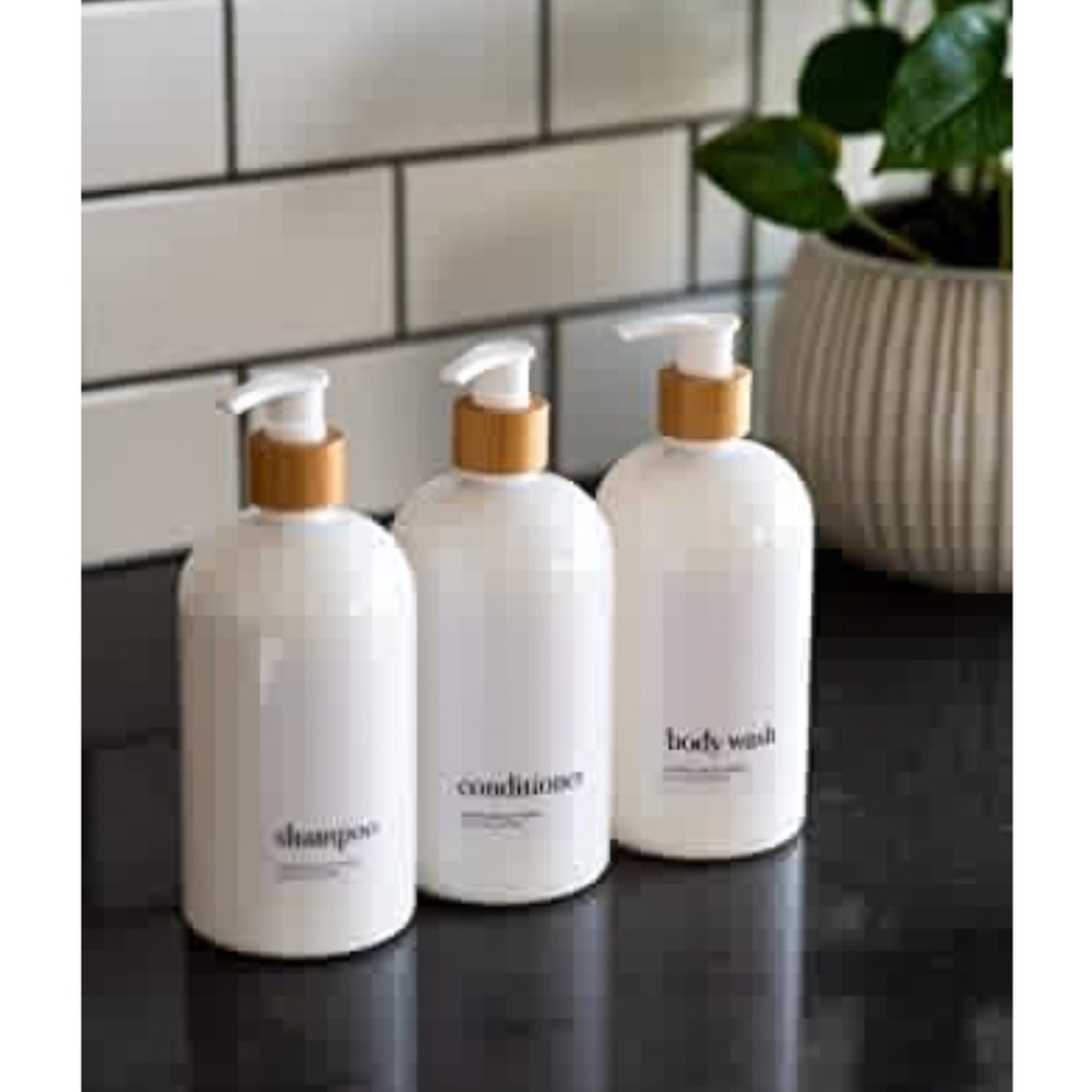 Dispensers shampoo conditioner body wash new bamboo white Airbnb designer bottle - Picture 2 of 4